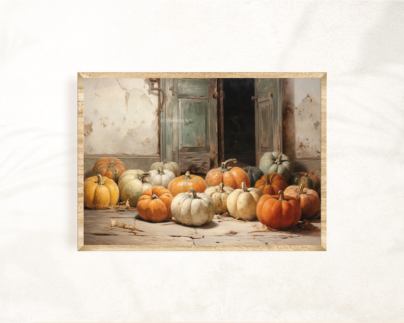 Puede incluir: Una pintura que representa una colecci&oacute;n de calabazas en varios tonos de naranja, blanco y verde, apiladas frente a una puerta de madera desgastada con un marco de puerta verde. Las calabazas est&aacute;n dispuestas en semic&iacute;rculo, con algunas superpuestas.
