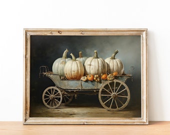 May include: A vintage-style wagon filled with white pumpkins and small orange gourds. The wagon is painted a light blue and has wooden wheels. The background is a dark blue.