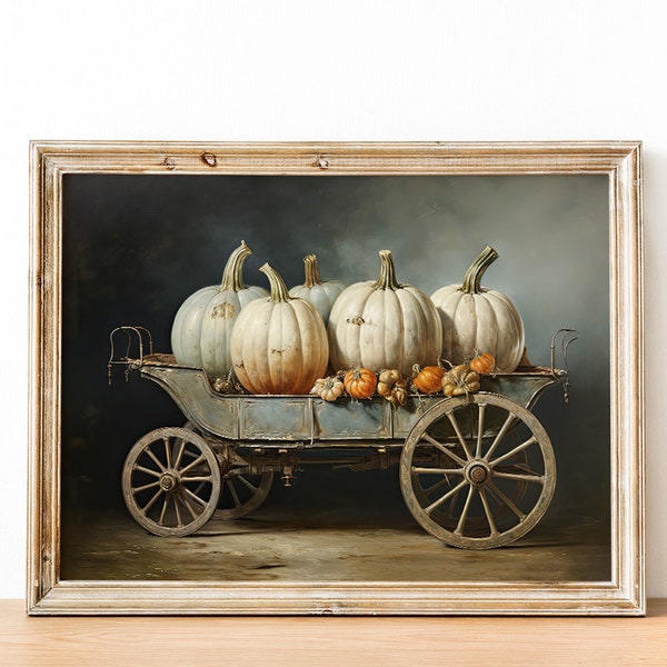 Printable Pumpkin Wall Art, Autumn Wall Art Pumpkin Cart, Country Wall Art Fall, Farmhouse Decor, Vintage Pumpkin Still Life Painting