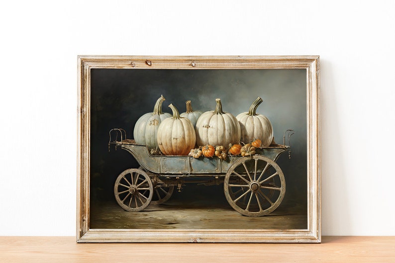 May include: A vintage-style wagon filled with white pumpkins and small orange gourds. The wagon is painted a light blue and has wooden wheels. The background is a dark blue.