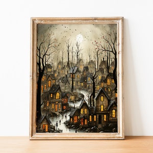 Printable Haunted Scene Print, Spooky Scene Painting, Halloween Wall Art Print, Spooky Village Prints, Scary Haunted House Wall Art Prints