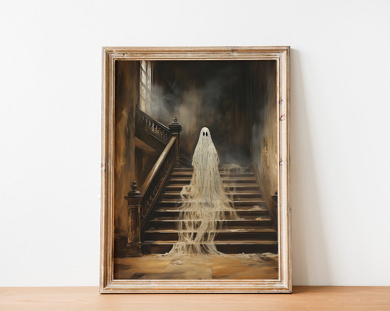 Halloween Ghost Print, Spooky Ghost Wall Art, Printable Halloween Art, Farmhouse Decor, Vintage Ghost Painting, Ghost in Cottage Art Print image 6