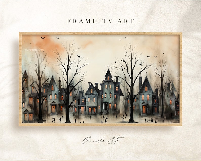 May include: A watercolour painting depicting a row of houses with a spooky, gothic aesthetic. The houses are painted in shades of grey and blue, with orange windows and a few lit windows. The houses are surrounded by bare trees and a foggy, misty atmosphere. The painting is framed in a wooden frame.