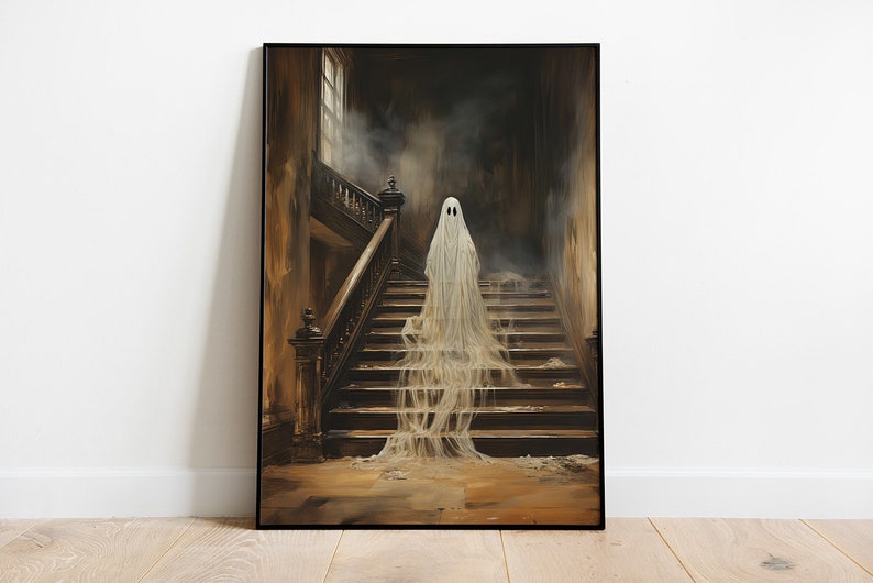 Halloween Ghost Print, Spooky Ghost Wall Art, Printable Halloween Art, Farmhouse Decor, Vintage Ghost Painting, Ghost in Cottage Art Print image 8