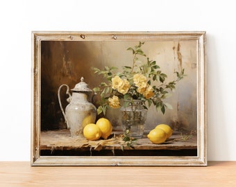 Vintage Lemon Print, Farmhouse Kitchen Print, Lemon Still Life Painting, Printable Lemon Wall Art, French Country Art, Lemon Fruit Painting