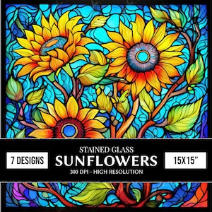Stained Glass Sunflowers Digital Papers, Sunflower Stained Glass Tumbler Wrap Designs, Stained Glass Sublimation Designs Sunflower Wall Art