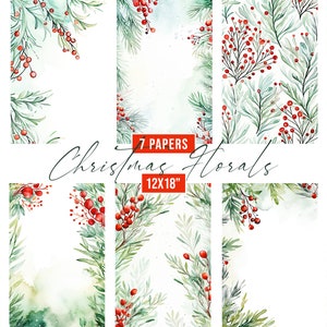 Watercolor Christmas Floral Digital Papers, Christmas Border Backgrounds, Xmas Clipart, Junk Journal Kit, Floral Christmas Party Background