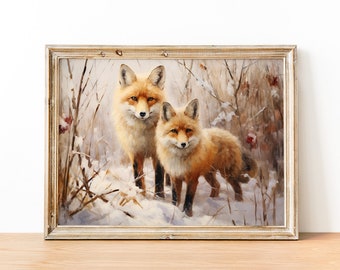 Winter Fuchs Druck, Vintage Winter Tierdruck, Zwei Füchse Malerei, Winter Szene, Weihnachtsdekor, druckbare Fuchs Wandkunst, Winterlandschaft