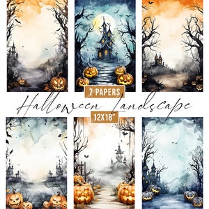 Watercolor Halloween Landscape Digital Papers, Halloween Scenes Background, Spooky Halloween Papers, Printable Halloween Backgrounds