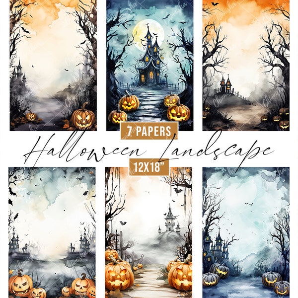 Papiers numériques de paysage d’Halloween à l’aquarelle, fond de scènes d’Halloween, papiers d’Halloween effrayants, arrière-plans d’Halloween imprimables