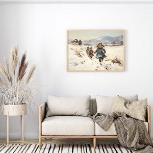 Peut inclure: Une peinture encadr&eacute;e repr&eacute;sentant des enfants courant dans un paysage enneig&eacute;. Les enfants portent des v&ecirc;tements d'hiver et courent vers une petite ferme au loin. La peinture est sur fond de collines enneig&eacute;es et d'un ciel bleu clair.