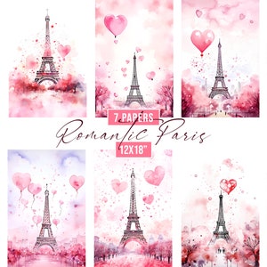 Papiers numériques Aquarelle Paris romantique, Fond Tour Eiffel, Fond d'invitation, Designs par sublimation de verre, Fond rose de Paris