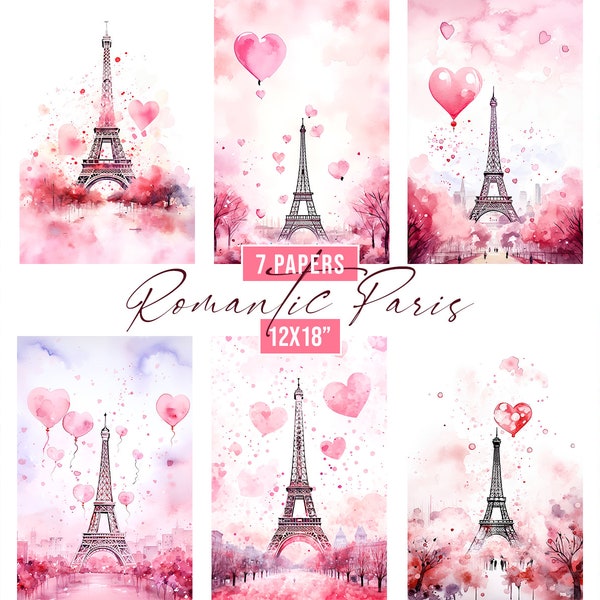 Watercolor Romantic Paris Digital Papers, Eiffel Tower Background, Invitation Background, Tumbler Sublimation Designs, Pink Paris Background