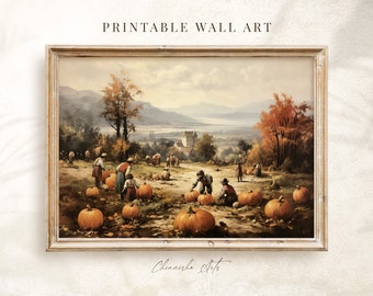 Vintage Pumpkin Patch Painting, Pumpkin Patch Wall Art Print, Country Wall Art, Halloween Farmhouse Decor, Fall Wall Art Pumpkin Field