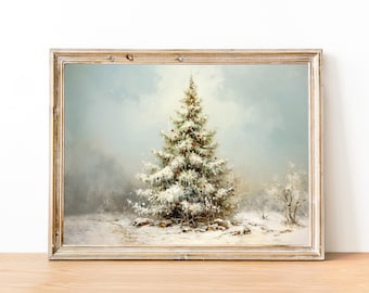 Christmas Tree Print, Vintage Christmas Tree Painting, Winter Trees Wall Art, Snowy Trees Art, Rustic Christmas Tree Wall Art Printable