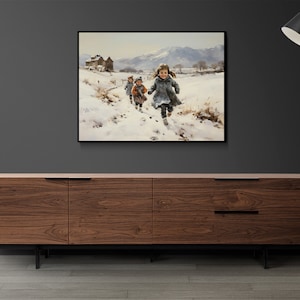 Peut inclure: Une peinture repr&eacute;sentant trois enfants marchant dans un paysage enneig&eacute;. Les enfants portent des manteaux d'hiver et des chapeaux. Le paysage est recouvert de neige et il y a des montagnes en arri&egrave;re-plan.