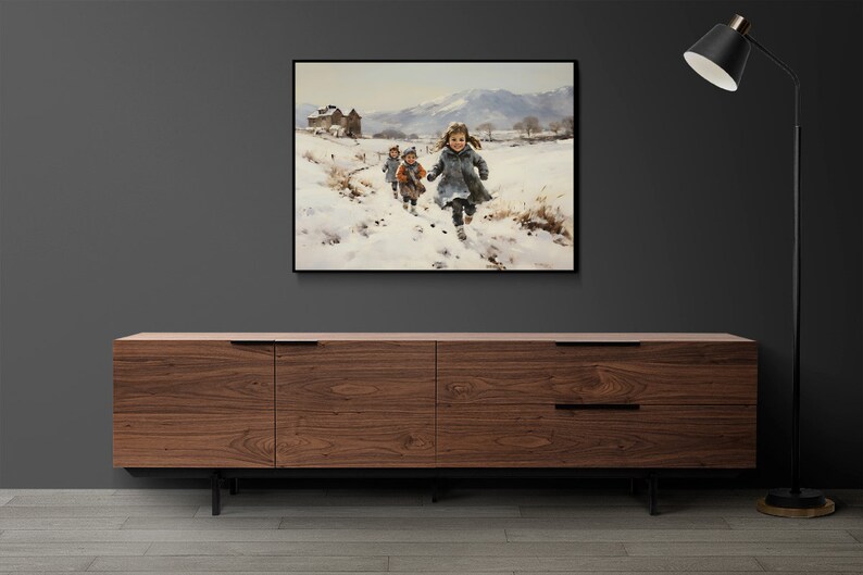 Peut inclure: Une peinture repr&eacute;sentant trois enfants marchant dans un paysage enneig&eacute;. Les enfants portent des manteaux d'hiver et des chapeaux. Le paysage est recouvert de neige et il y a des montagnes en arri&egrave;re-plan.