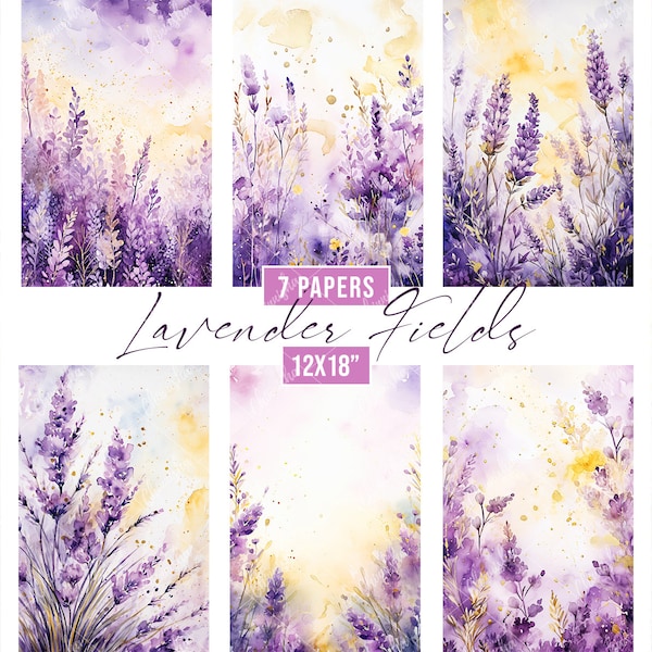 Watercolor Lavender Field Digital Papers, Purple Lavender Backgrounds, Purple Floral Wedding Invite Backgrounds, Lavender Plants Backdrop