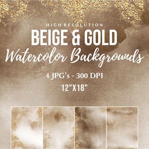 Beige Watercolor Digital Paper, Beige and Gold Digital Background, Neutral Shade Backdrop, Biege Texture, Abstract Scrapbook Digital Paper