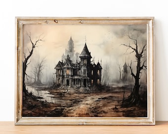 Printable Wall Art Haunted House, Spooky Abandoned House, Country Wall Art, Vintage Haunted House Painting, Witch House Art Print