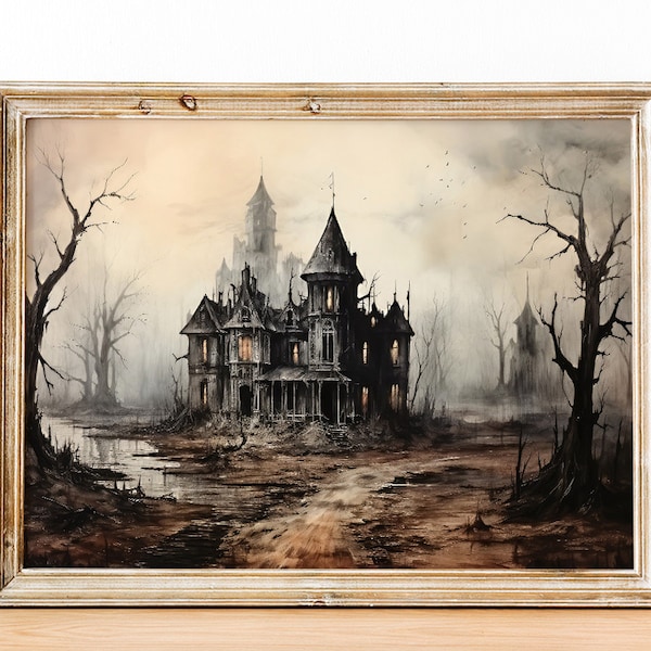 Printable Wall Art Haunted House, Spooky Abandoned House, Country Wall Art, Vintage Haunted House Painting, Witch House Art Print