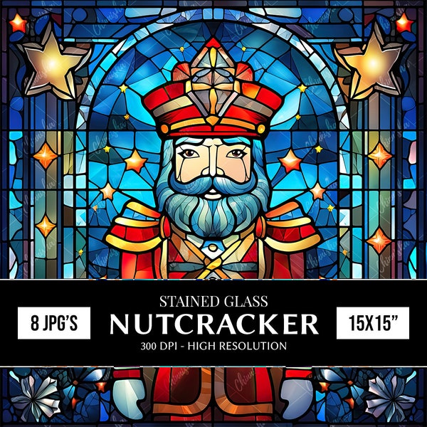 8 Stained Glass Nutcracker Digital Papers, Christmas Tumbler Wrap Designs, Scrapbook Paper, Journaling Paper, Sublimation Designs, Wall Art