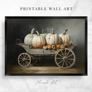 May include: A vintage-style wagon filled with white pumpkins, with a dark blue background. The wagon has wooden wheels and a metal frame. The pumpkins are arranged in a row, with the largest pumpkin in the center. The pumpkins are all white, with a slight green tint. The wagon is sitting on a wooden floor.