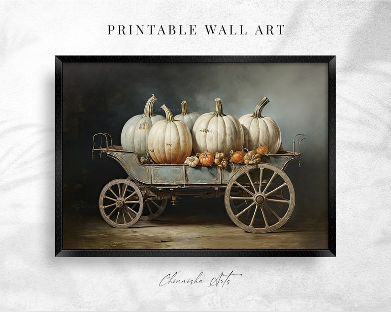 May include: A vintage-style wagon filled with white pumpkins, with a dark blue background. The wagon has wooden wheels and a metal frame. The pumpkins are arranged in a row, with the largest pumpkin in the center. The pumpkins are all white, with a slight green tint. The wagon is sitting on a wooden floor.