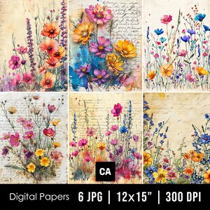Regenbogen Wildblumen Junk Journal Seiten, Vintage digitale Papiere, Scrapbook Papier Wildblumen druckbarer Hintergrund, Blumen Journal Ephemera