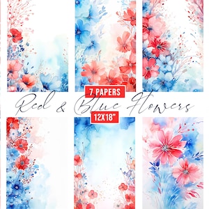 Papéis digitais de flores vermelhas e azuis em aquarela, fundos florais, fundo de convite de casamento, designs de sublimação de copo, azul e vermelho