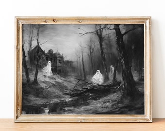 Printable Ghost Wall Art, Black and White Ghost Painting, Farmhouse Decor, Halloween Ghost Print, Spooky Ghost Art Print, Ghost in Country