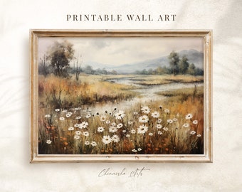 Printable Wildflower Wall Art, Autumn Wildflower Print, Rustic Wildflower Painting, Vintage Fall Landscape, Farmhouse Decor, Wildflower Art