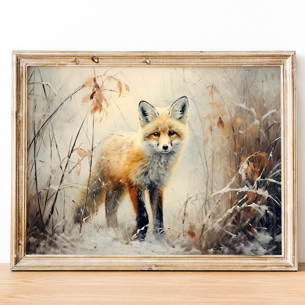 Winter Fox Print, Vintage Winter Landscape Print, Fox in Winter Painting, Holiday Decor, Fox Wall Art Print, Winter Scene, Vintage Fox Art