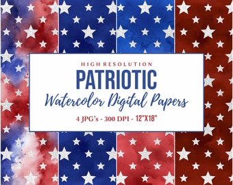 Watercolor Patriotic Digital Paper Pack, Free Commercial Use, 4th of July Digital Papers, Red Blue White Stars Paper, Printable Backgrounds