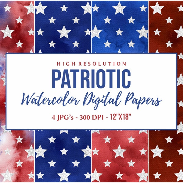 Watercolor Patriotic Digital Paper Pack, Free Commercial Use, 4th of July Digital Papers, Red Blue White Stars Paper, Printable Backgrounds
