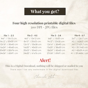 May include: Four high-resolution printable digital files in JPG format, with sizes ranging from 10x15 cm to 69x91 cm. The image also includes the text "What you get?" and "Alert! This is a Digital Download, nothing will be shipped or mailed to you. There won't be any watermark in the digital download files."