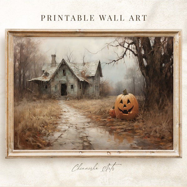 Spooky Halloween Wall Art, Vintage Halloween Painting, Country Wall Art, Autumn Art Print, Halloween Farmhouse Decor, Cottagecore Painting