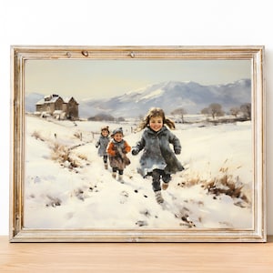 Vintage Winter Print, Winter Scenes, Printable Winter Landscape, Kids in Snow, Country Winter Print, Winter Wall Art Print, Cottagecore Art