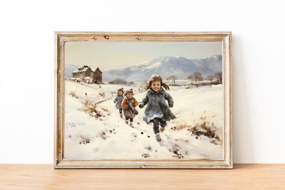 Vintage Winter Print, Winter Scenes, Printable Winter Landscape, Kids in Snow, Country Winter Print, Winter Wall Art Print, Cottagecore Art