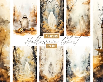 Watercolor Halloween Ghost Digital Papers, Halloween Backgrounds, Ghost Clipart, Halloween Junk Journal Kit, Halloween Journal Digital Paper
