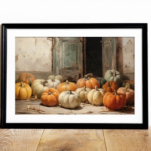 Puede incluir: Una pintura de bodeg&oacute;n con una colecci&oacute;n de calabazas en varios tonos de naranja, blanco y verde. Las calabazas est&aacute;n dispuestas en un suelo de madera frente a una puerta abierta.