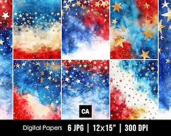 Papeles digitales patrióticos en acuarela, fondos del 4 de julio, papel patriótico imprimible para álbumes de recortes, fondos de acuarela en rojo, azul y blanco.