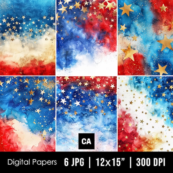 Patriotic Watercolor Digital Papers, 4th of July Backgrounds, Patriotic Printable Scrapbook Paper, Red Blue White Watercolor Backdrops