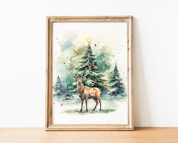 Christmas Reindeer Print, Xmas Wall Art, Printable Holiday Wall Art, Christmas Decor, Watercolor Christmas Wall Art, Winter Deer Art Print