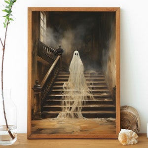 Halloween Ghost Print, Spooky Ghost Wall Art, Printable Halloween Art, Farmhouse Decor, Vintage Ghost Painting, Ghost in Cottage Art Print image 2
