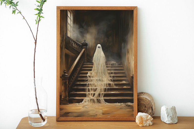 Halloween Ghost Print, Spooky Ghost Wall Art, Printable Halloween Art, Farmhouse Decor, Vintage Ghost Painting, Ghost in Cottage Art Print image 2