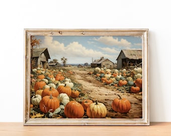 Printable Pumpkin Patch Wall Art, Vintage Pumpkin Patch Painting, Country Wall Art, Autumn Pumpkin Print, Halloween Farmhouse Decor