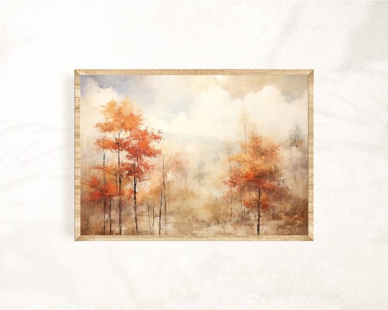 May include: A watercolor painting of a forest scene with trees in shades of orange, red, and brown. The trees are surrounded by a hazy, atmospheric background.
