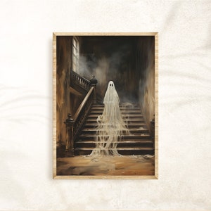 Halloween Ghost Print, Spooky Ghost Wall Art, Printable Halloween Art, Farmhouse Decor, Vintage Ghost Painting, Ghost in Cottage Art Print image 9