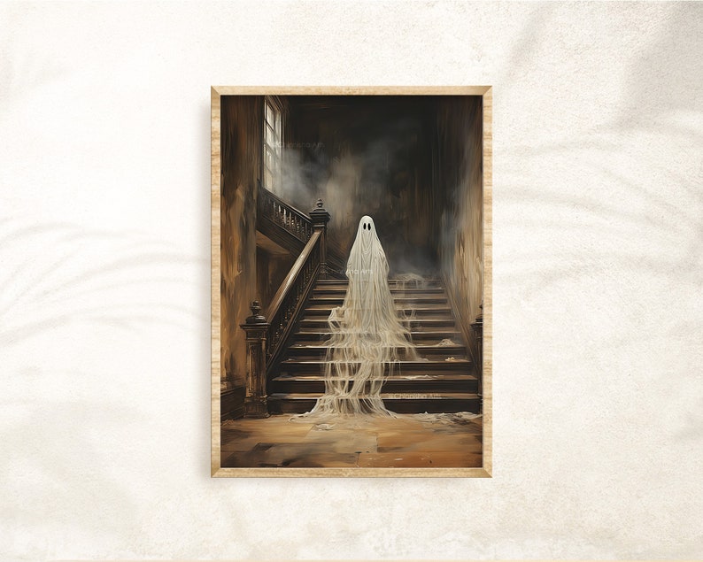Halloween Ghost Print, Spooky Ghost Wall Art, Printable Halloween Art, Farmhouse Decor, Vintage Ghost Painting, Ghost in Cottage Art Print image 9